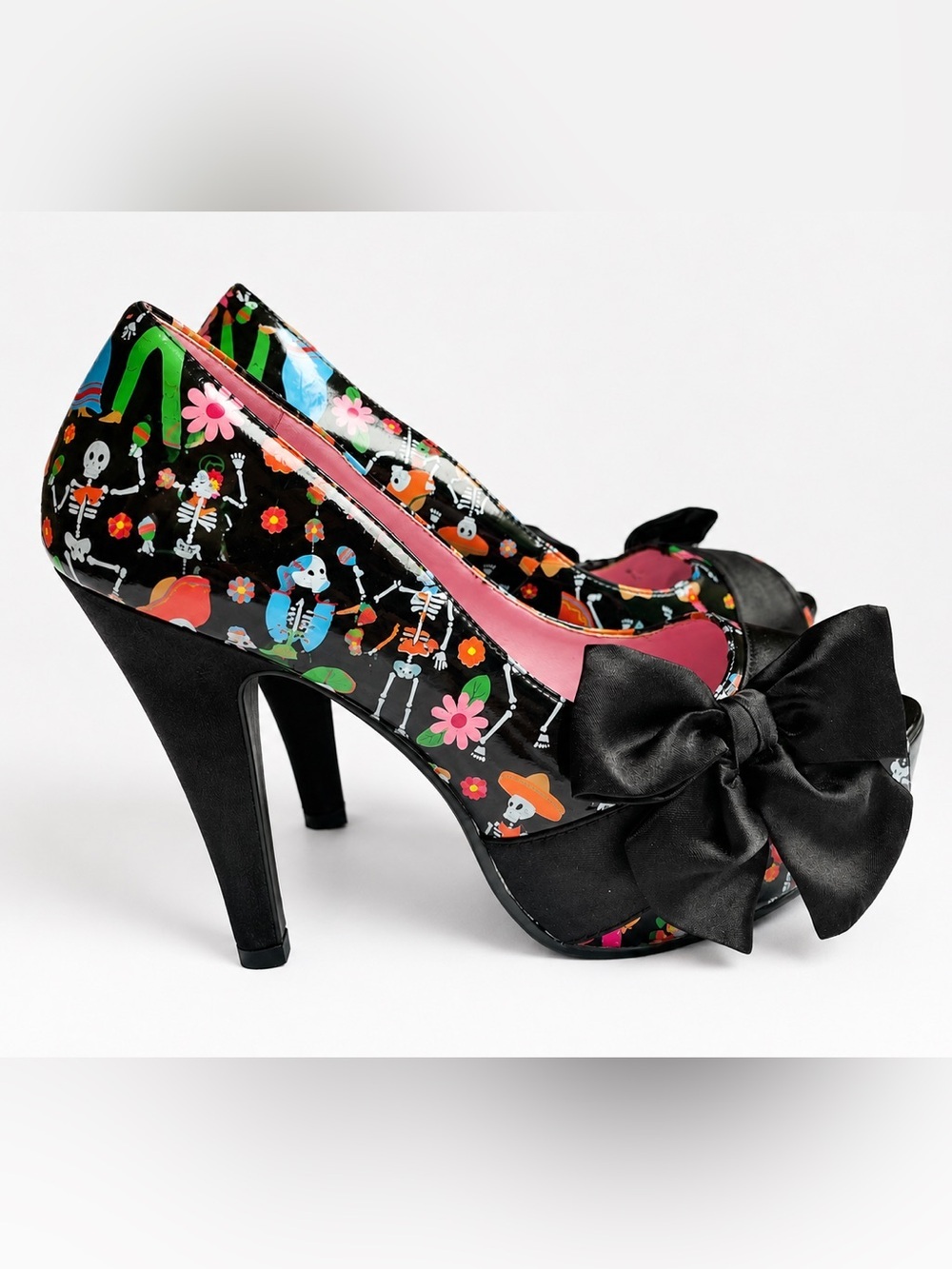Pin Up Couture Day of the Dead Sugar Skull Peep Toe Bow Heels Size 7​